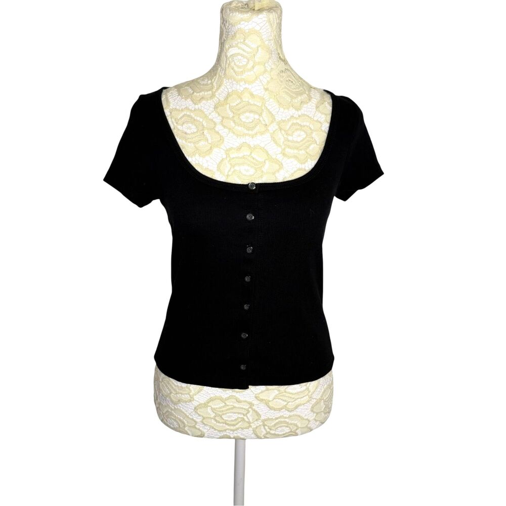Old Navy Crop Top Blouse T Shirt Rib Knit Button Front Scoop Neck Black XS
